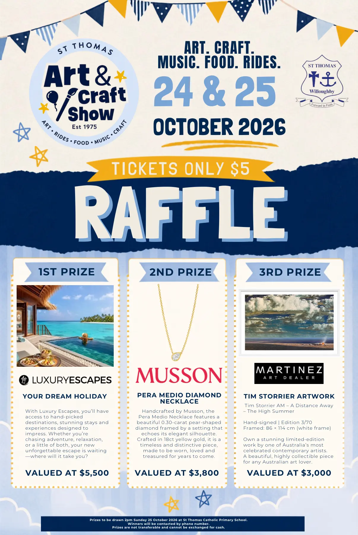 2026 St Thomas Art & Craft Show raffle poster with major prizes