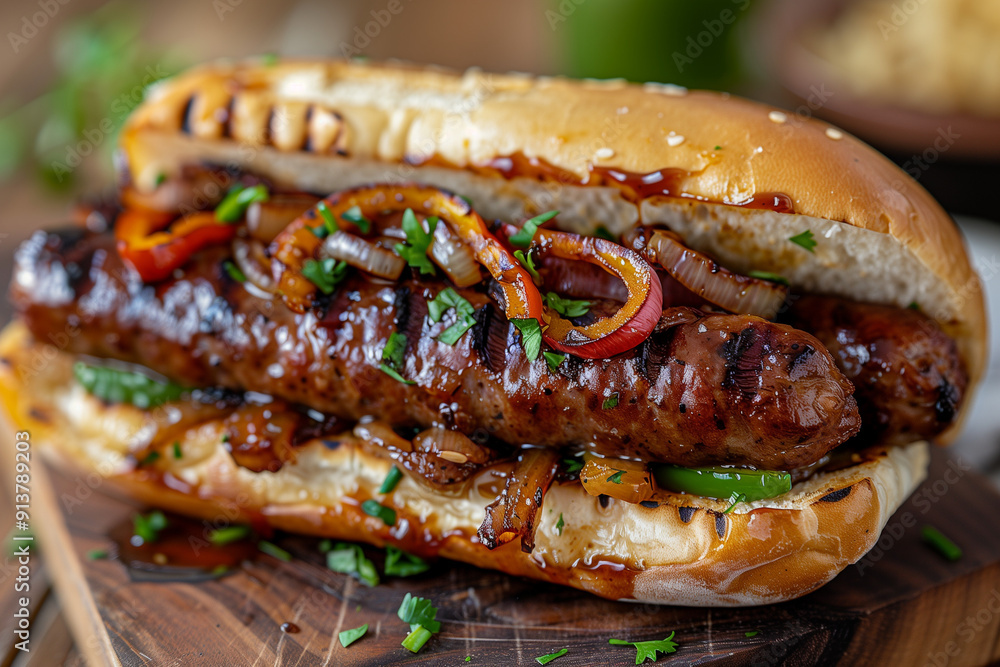 Grilled sausage in a roll with caramelised onions