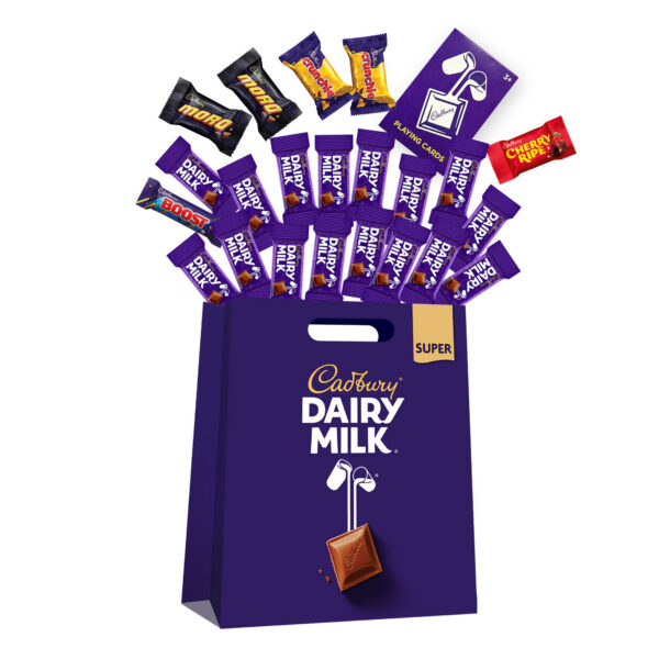 A purple Cadbury Dairy Milk showbag bursting with chocolate bars