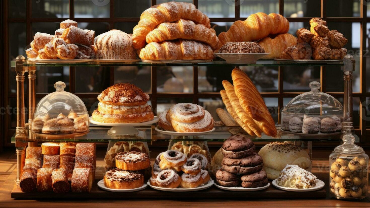 Bakery display of freshly baked pastries, croissants and danishes