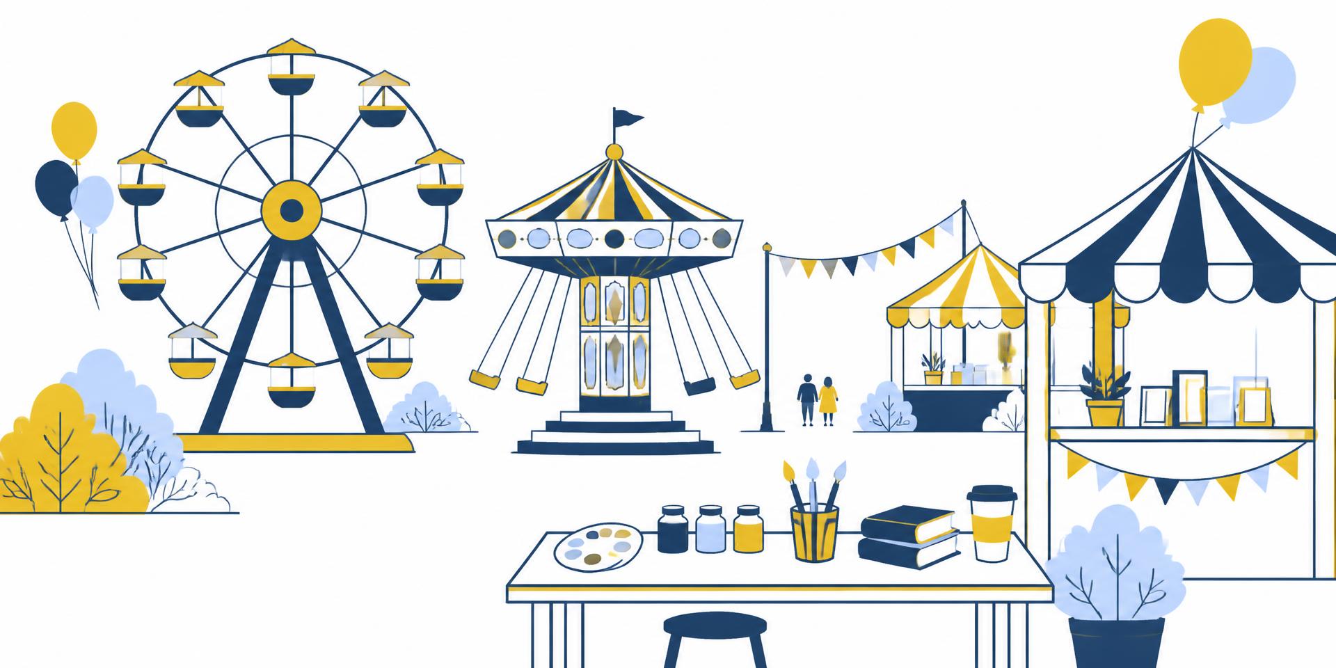 Illustration of the show: ferris wheel, swing carousel, market stalls, craft tables and children playing